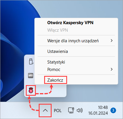 Zamykanie Kaspersky Secure Connection for Windows.